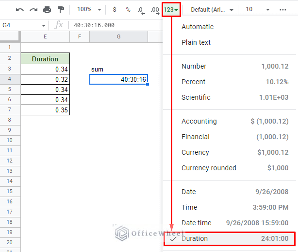 updating sum of duration to the duration format from the toolbar